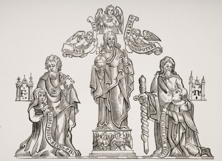 French alchemist Nicholas Flamel kneeling right 1330? to 1418? and wife Pernelle kneeling left. 19th century copy of 15th century painting under vaults of Cemetery of the Innocents Paris.