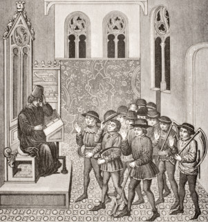 Villains receiving their Lord´s orders before going to work. 19th century reproduction of miniature in 15th century manuscript.