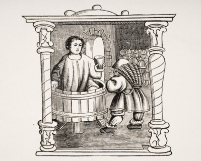 Treading of the Grape. 19th century reproduction of miniature in 16th century prayer book calendar.