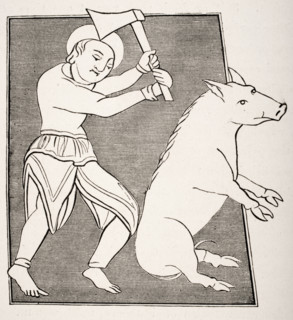 The pork butcher.  19th century reproduction of miniature in a charter of Solignac Abbey.