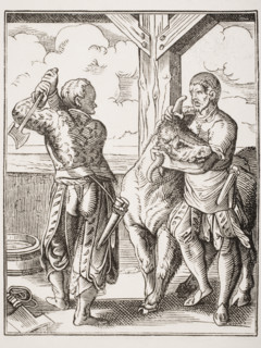 The Butcher and his Servant. 19th century reproduction of 16th century engraving by Jost Amman.