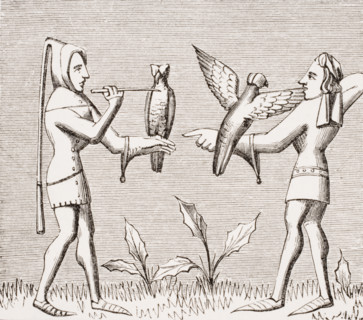 Falconers dressing their birds. 19th century reproduction of miniature in 14th century manuscript Livre du Roy Modus by Henri de Ferrières.
