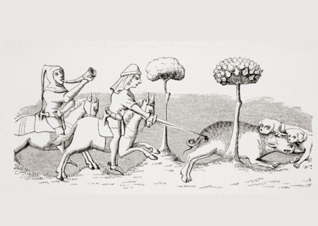 Sport with Dogs.  How the Wild Boar is hunted by means of Dogs. 19th century reproduction of miniature in 14th century manuscript of Livre du Roy Modus.