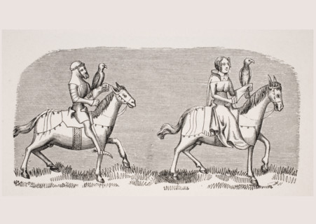 Lady Setting out Hawking. 19th century reproduction of miniature in 14th century manuscript of Livre du Roy Modus.