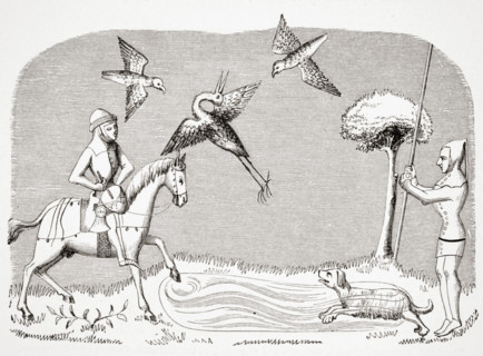 Heron Hawking. 19th century reproduction of miniature in 14th century manuscript of Livre du Roy Modus.