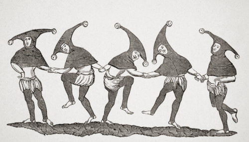 Dance of Fools. 19th century reproduction from miniature in 13th century manuscript.