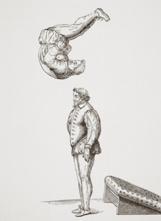 The Spring Board. 19th century reproduction of 16th century woodcut in Exercises in Leaping and Vaulting by A. Tuccaro.