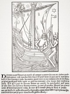 Merchant vessel in a storm. Facsimile of woodcut in Grand Kalendrier et Compost des Bergers by Nicolas de Rouge printed circa 1490.