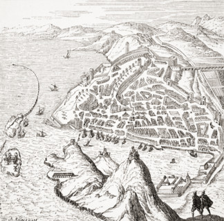 View and plan of Marseilles and its harbour in the 16th century after copperplate in Theatre des Citez du Monde.