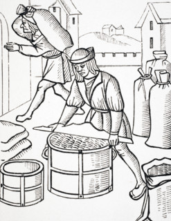 Measurers of Corn in Paris. After woodcut from Royal Orders Concerning the Jurisdiction of the Company of Merchants and Shrievalty in the City of Paris published 1528.