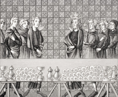 Courtiers amassing Riches at the Expense of the Poor.  From miniature in the 14th century manuscript Tresor of Brunetto Latini.