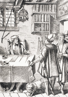 The Receiver of Taxes. Copy of woodcut in Damhoudere´s Praxis Rerum Civilium.