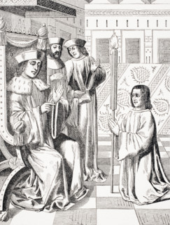 Amende honorable of Jacques Coeur before Charles VII. Copy of 15th century miniature in the Chroniques of Monstrelet.