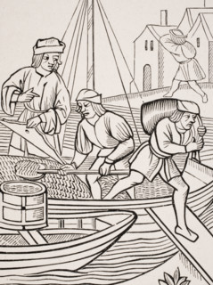 Measuring salt. 19th century reproduction of woodcut in Ordonnances de la Prevoste des Marchands de Paris dated 1500.