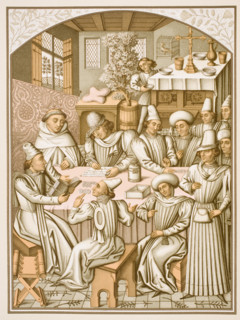Settlement of accounts by the brotherhood of Charite-Dieu and Notre-Dame of the Recovery of Rouen in 1466. 19th century reproduction of 15th century miniature in Livre des Comptes of the Society.