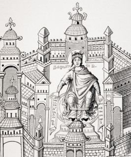 Carlovingian King in his Palace personifying Wisdom appealing to the whole Human Race. Copy of miniature from 9th century manuscript from drawing by Count Horace de Vielcastel.