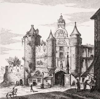 The Great Chatelet of Paris.  Principal front opposite the Pont-au-Change. Copy of copper engraving by Merian in Zellers Topographia Galliae.