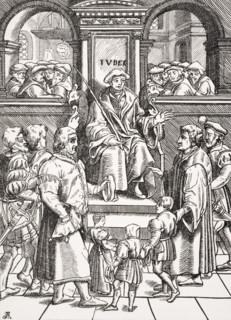 Inferior Court in the Great Bailiwick. Adoption of orphan children. Copy of woodcut in J. Damhoudere´s Refuge et Garand des Pupilles Orphelins published 1557.
