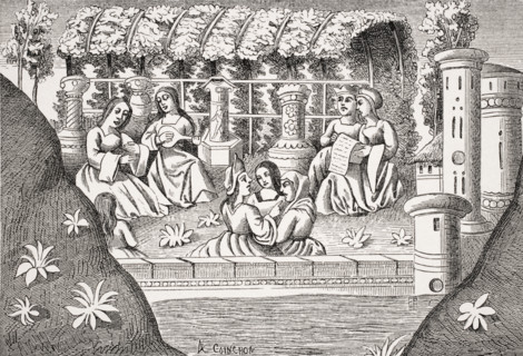 The Castle of Alamond and its Enchantments. Copy of miniature in 15th century manuscript of Marco Polo´s Travels.