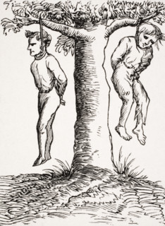 Execution of the Sentences of the Secret Tribunal. Copy of woodcut in the Cosmographie Universelle published Basle 1552.