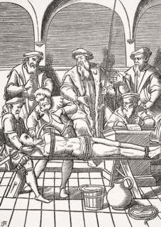 The water torture. Copy of woodcut in J. Damhoudere´s Praxis Rerum Criminalium published Antwerp 1556.