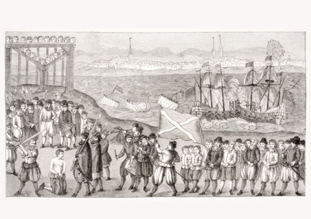 Execution of the celebrated pirate Stoertebeck and his seventy accomplices in 1402 in Hamburg. 19th century reproduction of a popular picture from the 16th century.