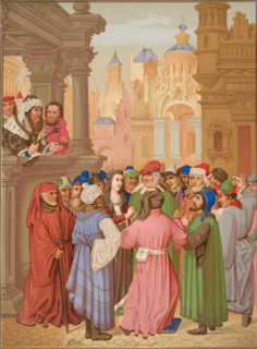 Saint Catherine surrounded by the doctors of Alexandria. Copy of a miniature from the Breviary of the cardinal Grimani