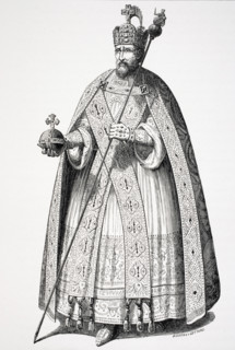 Costume of Emperors at their coronation since the time of Charlemagne. From an engraving in a work entitled Insignia Sacrae Majistatis Caesarum Principum.