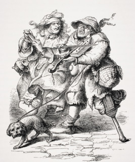 Beggar playing the fiddle and his wife accompanying him with bones. Copy of an old engraving of the seventeenth century.