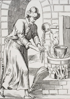 The Gipsy who used to wash his hands in molten lead. Facsimile of a woodcut in the Histoires Merveillesuses.