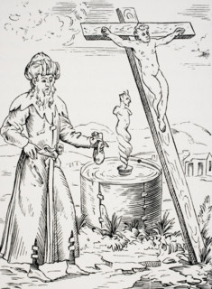 Legend of the Jew calling the devil from a vessel of blood. Facsimile of a woodcut in Boaistuau's Histoires Prodigieuses.