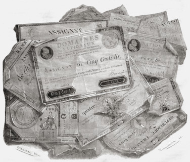 Planche d'assignats. Interest bearing bonds. Any of the notes issued as paper currency in France (1789–1796) by the revolutionary government and secured by confiscated lands.  Engraved by Pannemaker a...