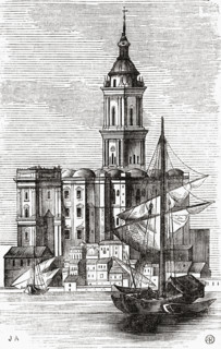 View of Malaga Cathedral from the port. 19th century print from the 'Viaje Ilustrado'. Málaga
