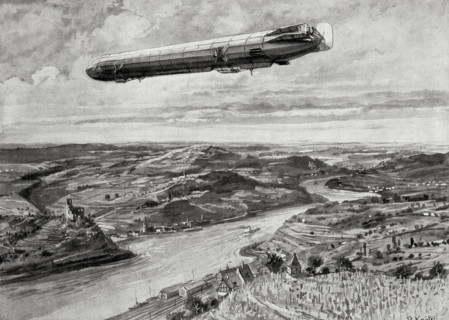 Zeppelin airship in flight over the Rhine