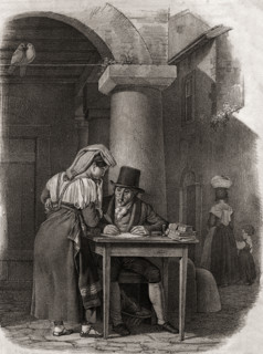 Public scribe working in market place.19th century lithograph by Em. Baerentzen & Co