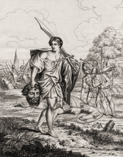 David with head of Goliath. 18th century print from a painting by Carlo Marratti