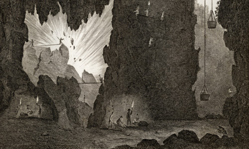 View of an Iron Mine.  Engraved by Lester. From the book 'The Gallery of Nature and Art' volume II. Published London c.1823.
