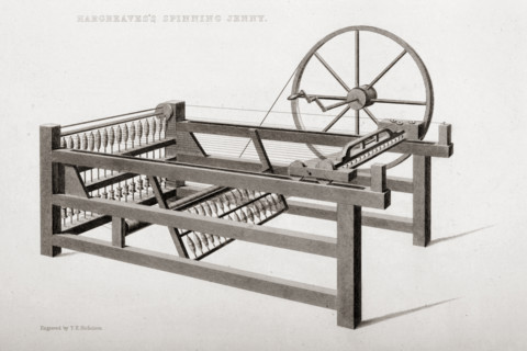 Hargreave's Spinning Jenny. Engraved by T.E. Nicholson in 1830s.