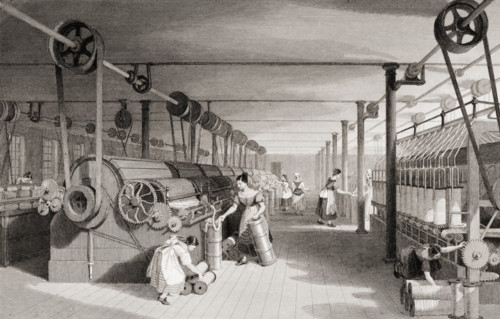 Cotton factory floor in 1830s showing workers carding