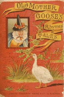 Chromolithographic cover illustration from Old Mother Goose's Rhymes and Tales. Illustrated by Constance Haslewood. Published by Frederick Warne & Co London and New York circa 1890s. Chromolithography...