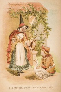 Illustration of old mother goose and her son Jack from Old Mother Goose's Rhymes and Tales. Illustrated by Constance Haslewood. Published by Frederick Warne & Co London and New York circa 1890s. Chrom...