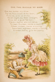 Nursery rhyme and illustration of One Two Buckle My Shoe from Old Mother Goose's Rhymes and Tales. Illustrated by Constance Haslewood. Published by Frederick Warne & Co London and New York circa 1890s...
