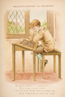 Nursery rhyme and illustration of Multiplication is vexation from Old Mother Goose's Rhymes and Tales. Illustrated by Constance Haslewood. Published by Frederick Warne & Co London and New York circa 1...