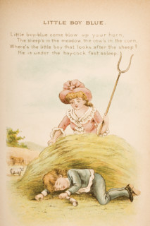 Nursery rhyme and illustration of Little Boy Blue from Old Mother Goose's Rhymes and Tales. Illustrated by Constance Haslewood. Published by Frederick Warne & Co London and New York circa 1890s. Chrom...