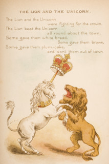Nursery rhyme and illustration of The Lion and the Unicorn from Old Mother Goose's Rhymes and Tales. Illustrated by Constance Haslewood. Published by Frederick Warne & Co London and New York circa 189...