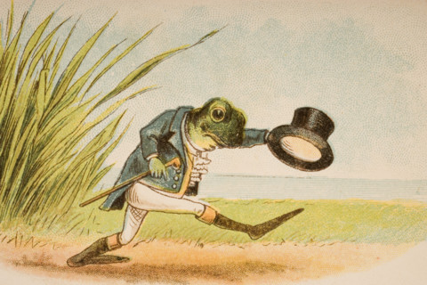 The Frog Who Would A Wooing Go from Old Mother Goose's Rhymes and Tales. Illustrated by Constance Haslewood. Published by Frederick Warne & Co London and New York circa 1890s. Chromolithography by Emr...