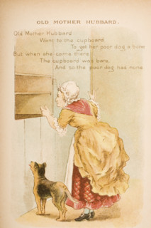 Nursery rhyme and illustration of Old Mother Hubbard from Old Mother Goose's Rhymes and Tales. Illustrated by Constance Haslewood. Published by Frederick Warne & Co London and New York circa 1890s. Ch...