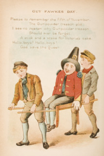Nursery rhyme and illustration of Guy Fawkes Day from Old Mother Goose's Rhymes and Tales. Illustrated by Constance Haslewood. Published by Frederick Warne & Co London and New York circa 1890s. Chromo...