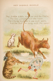 Nursery rhyme and illustration of Hey Diddle Diddle from Old Mother Goose's Rhymes and Tales. Illustrated by Constance Haslewood. Published by Frederick Warne & Co London and New York circa 1890s. Chr...