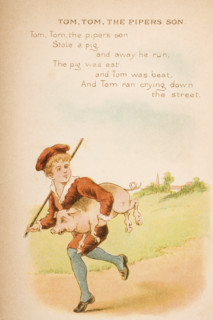 Nursery rhyme and illustration of Tom Tom the Piper's Son from Old Mother Goose's Rhymes and Tales. Illustrated by Constance Haslewood. Published by Frederick Warne & Co London and New York circa 1890...